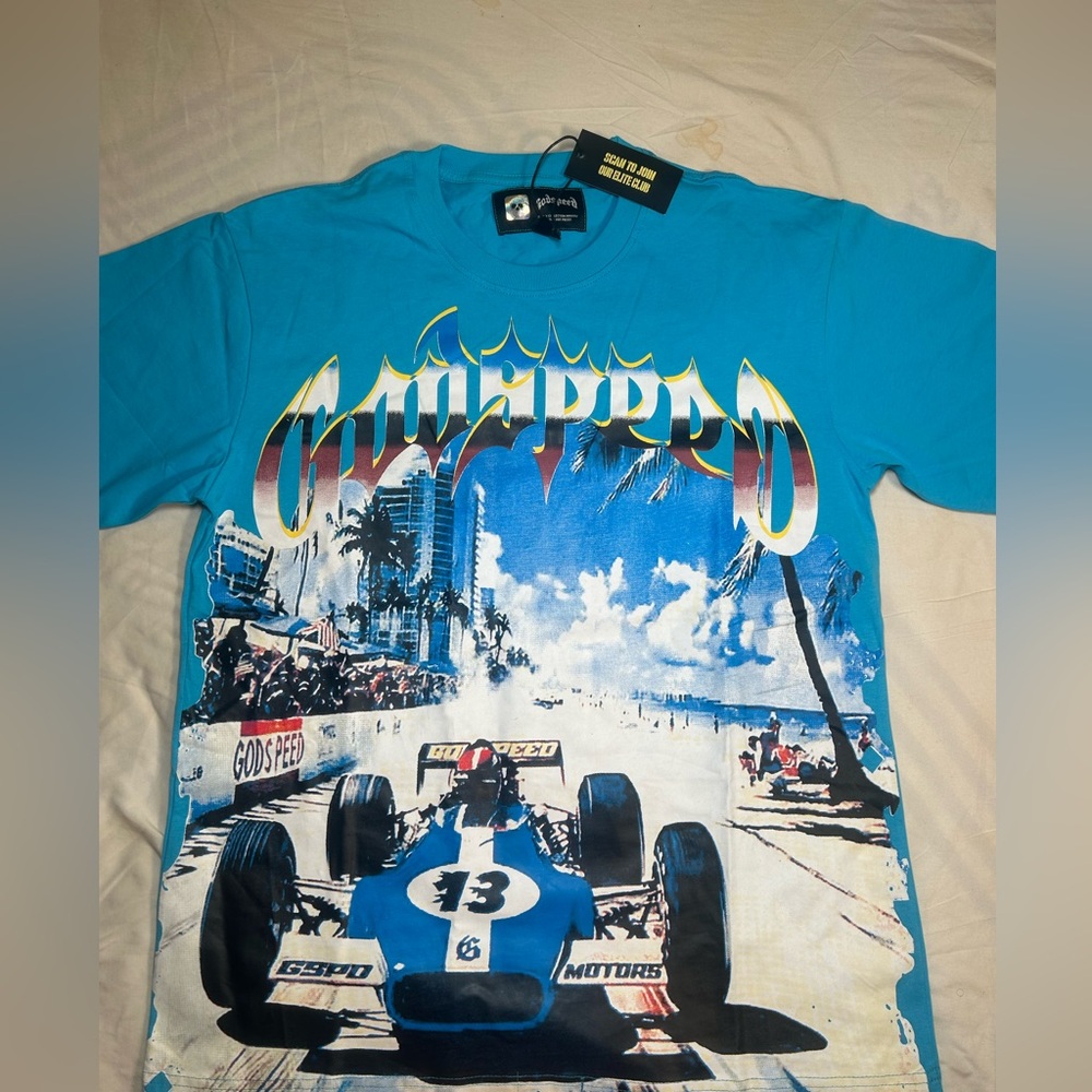 Blue Graphic T-Shirt with Racing Car Design
